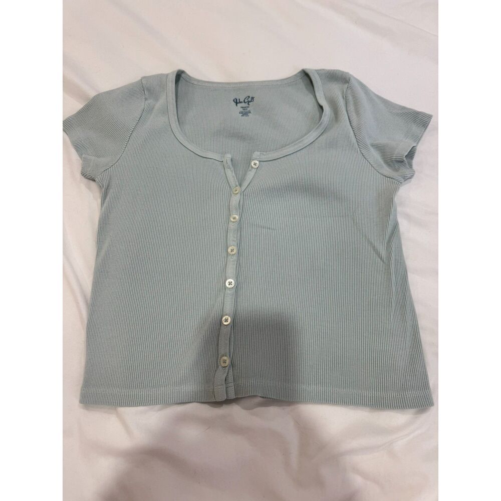 John Galt Light Blue Ribbed Button Front Baby Tee Small Y2K Coquette